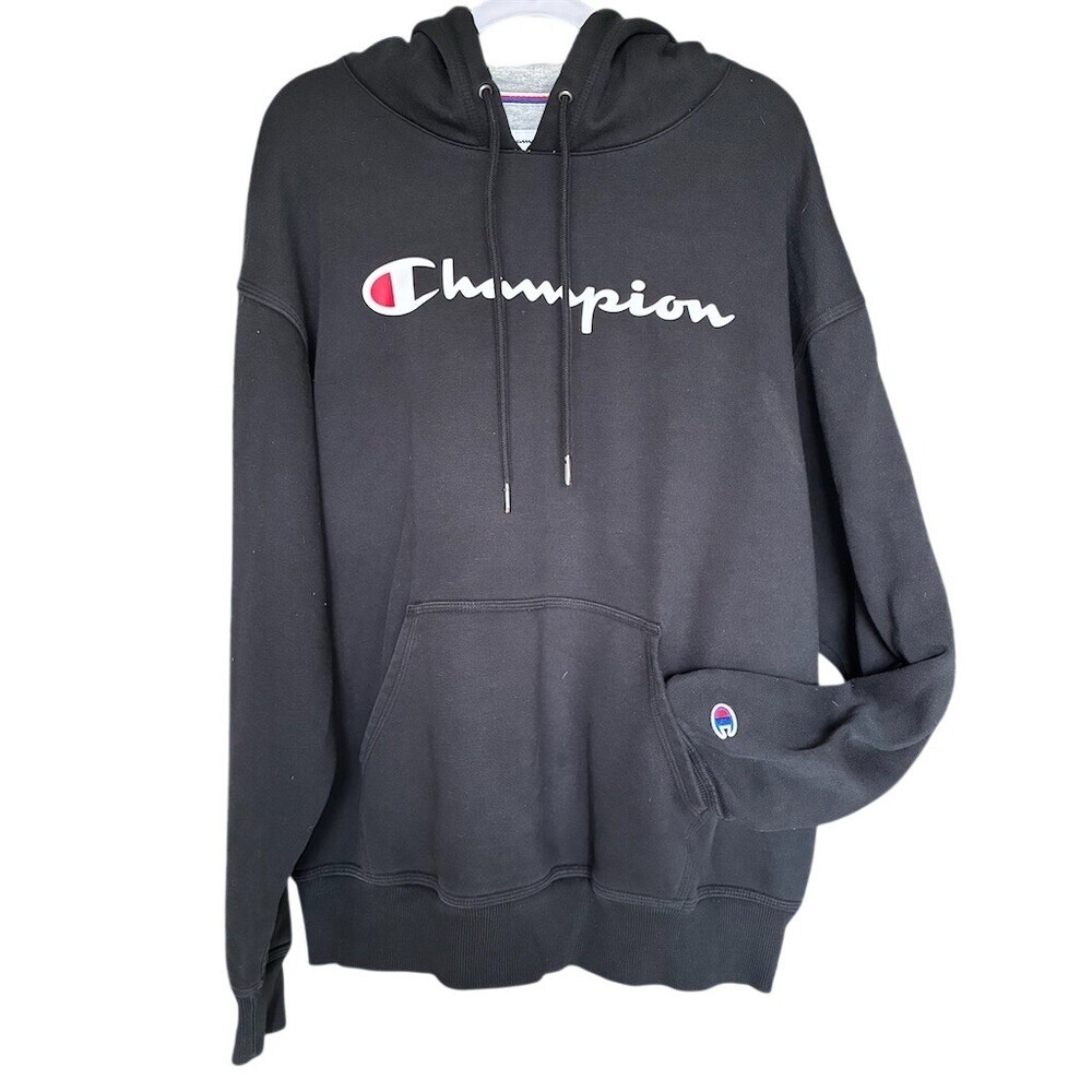 Champion Hoodie Mens L Black Script Logo Pullover Fleece Kangaroo Pocket